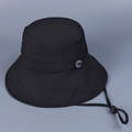 Detail view of the wide brim sun hat with decorative button and adjustable windproof cord - M(56-58cm) / Black