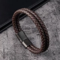 Vintage geflochtenes Lederarmband in Dunkelbraun mit schwarzem Magnetverschluss für Herren - Doppellagig Geflochten / Dunkelbraun