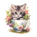 Adesivo murale gattino carino in tazza da tè con fiori, stile acquerello per bagno - Gatto Grigio E Bianco Con Occhi Blu (fun-m35)