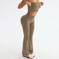 Two-piece khaki seamless yoga set with cropped tank top and high-waist flared leggings - Khaki