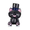 Detailed view of a black enamel cat charm with a top hat and pink paw prints for DIY bracelets - CCT405-Black Cat with Top Hat