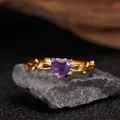 Macro detail of heart-shaped purple amethyst and gold vine design on a S925 silver ring - Vine Leaf Design (LR355)