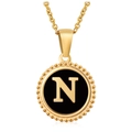 18K gold-plated stainless steel necklace featuring a black round pendant with letter N - Gold N (With Chain)