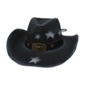 Navy blue straw cowboy hat with white stars, leather band, and bull head buckle - Black (Star Bull Head Style)