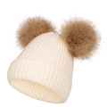 Bonnet d'hiver en maille blanc crème avec deux pompons en fausse fourrure marron - M/Adulte / Blanc laiteux