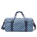 Blue-gray checkered travel bag with carry handles and detachable shoulder strap - Sky Blue