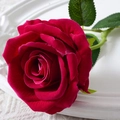 Single red velvet artificial rose with green leaves for home and wedding decoration - 10cm / Large Velvet Light Rose Red