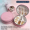 Pink velvet round jewelry organizer box with zipper closure and modular compartments - Velvet Round Zipper Style / Pink