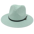Cappello Panama in paglia verde menta con nastro in pelle nera e fibbia per il sole estivo - Taglia Unica (Paglia Piatta) / Verde Menta (Fascia in Pelle Nera)