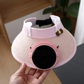 Pink kids sun hat with solar fan and cute rabbit ears featuring breathable straw material - Straw Woven Solar Style / Kids Straw Solar Fan-Pink
