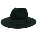 Detailed side view of dark green wide-brimmed felt fedora hat with ribbon band - Dark Green