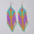 Bohemian seed bead tassel earrings with purple and mint green geometric diamond patterns - Purple Mint Green Yellow Orange