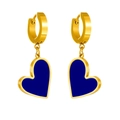 Detail of golden heart earrings with deep blue filling on a minimalist white background - Blue Hoop