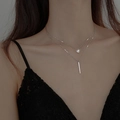 Detail of silver layered necklace featuring round zircon and vertical bar pendants - Double Layer Bar / Silver