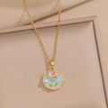 Collana dorata con ciondolo in smalto floreale e perla, stile pittura a olio Monet - Fiore ape rotondo - Blu (A14 Blu)