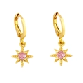 Golden starburst earrings with pink round-cut zircon and leverback clasps on white background - Pink