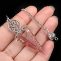 Tree of Life red rutilated quartz crystal dowsing pendulum with hexagonal cone point - Strawberry Quartz