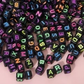 Square black acrylic alphabet beads with colorful capital letters for DIY jewelry making - 6x6mm Black With Fluorescent Letters (100pcs)