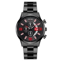 Fashionable men's quartz watch with black metal strap, three sub-dials and date display - Black Dial Black Band Red Pointer