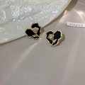 Vintage gold heart earrings with black enamel and 3D rose pattern in golden finish - 132 Silver Pin-Black Heart Flower