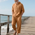 Detail of ginger orange linen beach set showing hood texture and button closure - Khaki/Earth Yellow