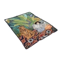 Detail of tropical illustration flannel blanket featuring a woman reading with a tiger - Jungle Tiger Reading Woman