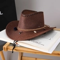 Men's dark brown straw cowboy hat with ethnic beads, shell charms and adjustable chin strap - Adult (55-60cm) / Coffee