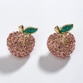 Charmante vergoldete Apfel-Ohrstecker mit rosa Kristallen und grünen Emaille-Blättern - Rosa Apfel