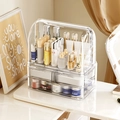 Grande organizzatore per trucchi in acrilico beige con coperchio e due cassetti - Trasparente/Portaoggetti a Cassetto + Portaoggetti con Coperchio a Ribalta