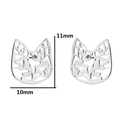 Silver hollow cat and flower stud earrings measuring 11mm by 10mm on white background - Steel