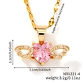 Macro shot of pink heart crystal pendant necklace with wing details and dimensions - Gold Pink Style (N01221-4)