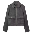 Close-up of dark grey wool jacket featuring a sleek metal zipper and utility flap pockets - XS / Gray