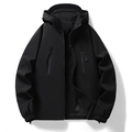 Men's black hooded softshell windbreaker jacket with zip pockets for outdoor activities - Black