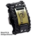Bracciale vichingo da uomo in pelle nera intrecciata con placca in bronzo antico - PU Nero + Bronzo Antico