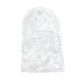 Close-up of white plush faux fur balaclava showing soft texture and single eye hole - One Size / White