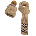 Winter knitted beige hat and scarf set with pompom and stylish wave pattern - Hat + Scarf / Khaki (2-Piece Set)
