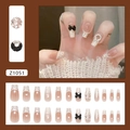 Uñas postizas rosa nude de estilo francés con perlas y diseños de lazos negros - Estilo de Fragancia Tejida (Z1051) / 24 piezas con pegamento