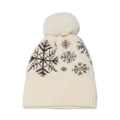 Dettaglio del berretto in maglia panna con motivi a fiocco di neve marroni e pompon in pelliccia - M (56-58cm) / Beige