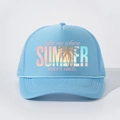 Adjustable light blue mesh trucker hat featuring a summer beach print and sponge front - One Size / Sky Blue