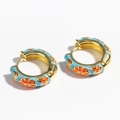 Detail of gold hoop earring with light blue enamel and orange floral patterns - Light Blue