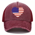 Close-up of distressed brim and printed heart USA flag on burgundy baseball cap - One Size / Burgundy