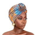 Ethnic printed turban hat in blue and orange with top knot design and metallic accents - One Size / Orange