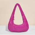 Hot pink sequin metallic mesh underarm bag with gold zipper for evening parties - Rose Red
