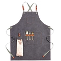 Gray canvas work apron with brown leather straps and multiple utility pockets - Thick Black-Grey Canvas with Ribbon Straps & Loop