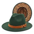 Detail of green wool jazz hat showing brown leather band and orange leopard print lining - M (56-58cm) / Dark Green