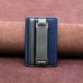 Navy blue leather phone wallet card holder with grey wrist strap and yellow stitching - Blue Grey