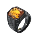 Anello da uomo in acciaio nero con gemma gialla e incisione del simbolo massonico - Misura 7 / Nero / Zirconia Giallo Ambra