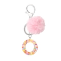 Letter O resin keychain with pink plush pom pom and colorful heart sequins inside - Letter O