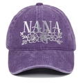 Close-up of purple washed cotton baseball cap with NANA floral embroidery detailing - Adjustable / Purple