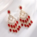 Baroque style gold-plated drop earrings with red crystal stones and diamond tassel accents - Ruby Tassel/Gold